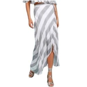 Lulus Grey and White Striped Wrap Maxi Skirt XS Linen Blend Lined Summer Boho